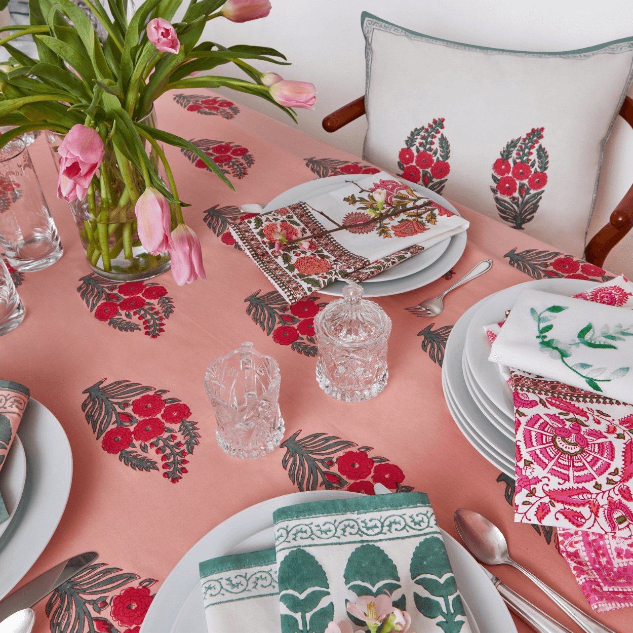 Indian Block Print Table Linens, Indigo, Embroidered & Applique